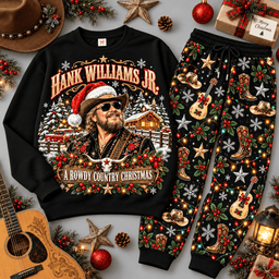 Hank Williams Jr Country Roads Christmas Portrait Sweater Jogger Set for Country Fans NDN Black Flat