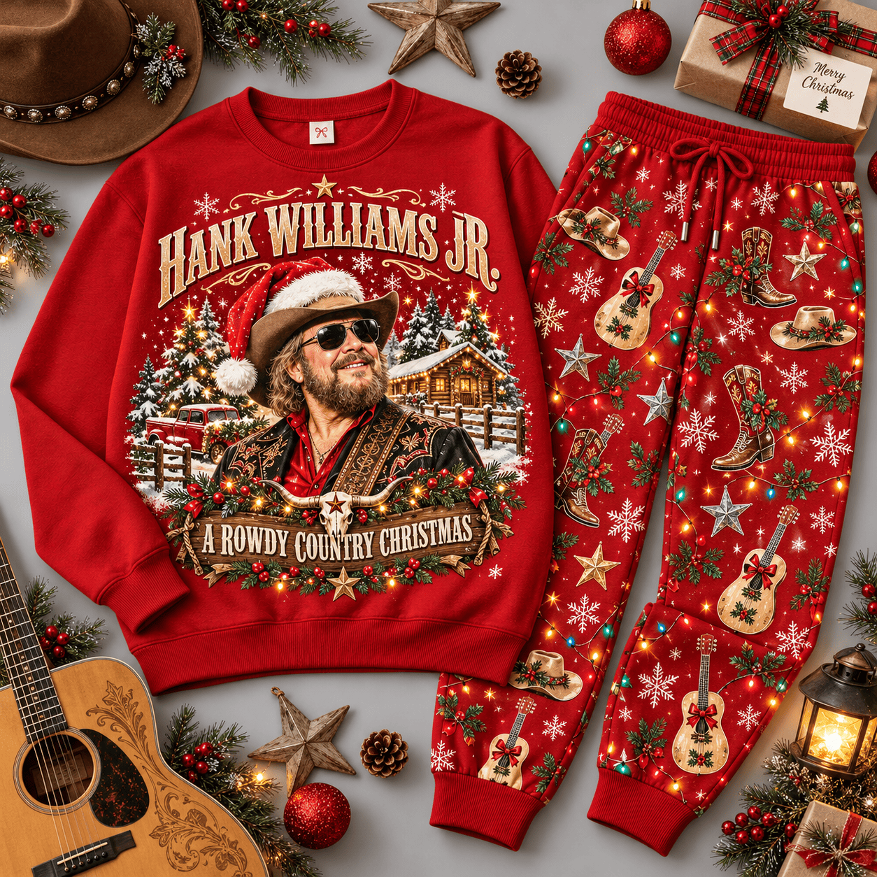 Hank Williams Jr Country Roads Christmas Portrait Sweater Jogger Set for Country Fans NDN Red Flat