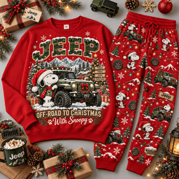 Jeep Off Road to Christmas Adventure Sweater Jogger Set for Trail Driving Fans NDN Red Flat
