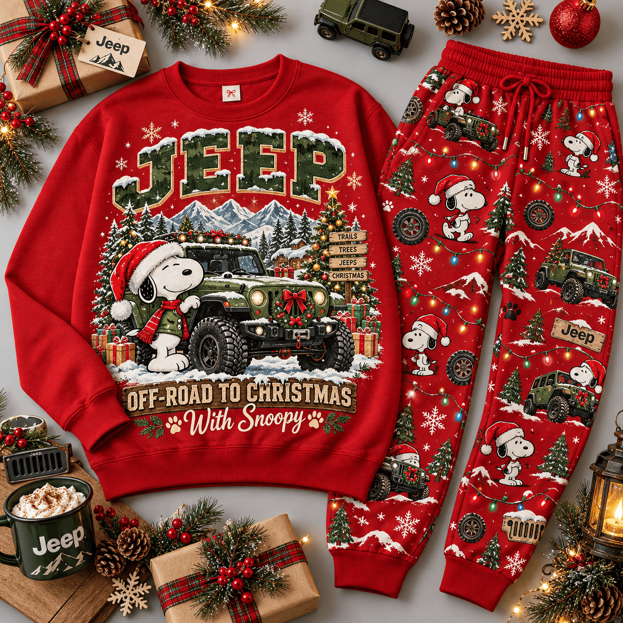 Jeep Off Road to Christmas Adventure Sweater Jogger Set for Trail Driving Fans NDN Red Flat