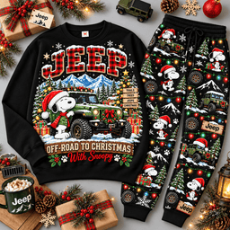 Jeep Off Road to Christmas Adventure Sweater Jogger Set for Trail Driving Fans NDN Black Flat