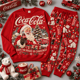 Coca Cola Santa Makes Christmas Classic Vintage Sweater Jogger Set for Holiday Collectors NDN Red Flat