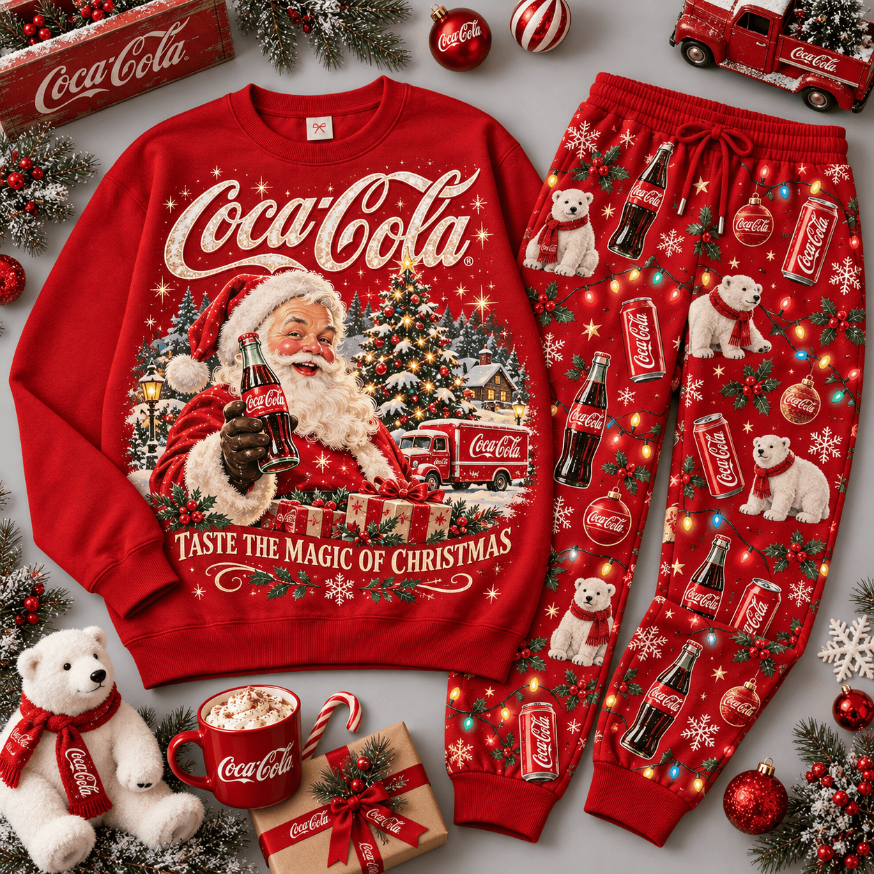 Coca Cola Santa Makes Christmas Classic Vintage Sweater Jogger Set for Holiday Collectors NDN Red Flat