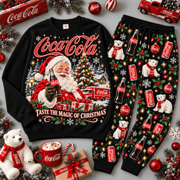 Coca Cola Santa Makes Christmas Classic Vintage Sweater Jogger Set for Holiday Collectors NDN Black Flat