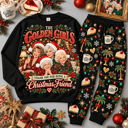 The Golden Girls Merry Christmas Friend Portrait Sweater Jogger Set for Sitcom Fans NDN Black Flat