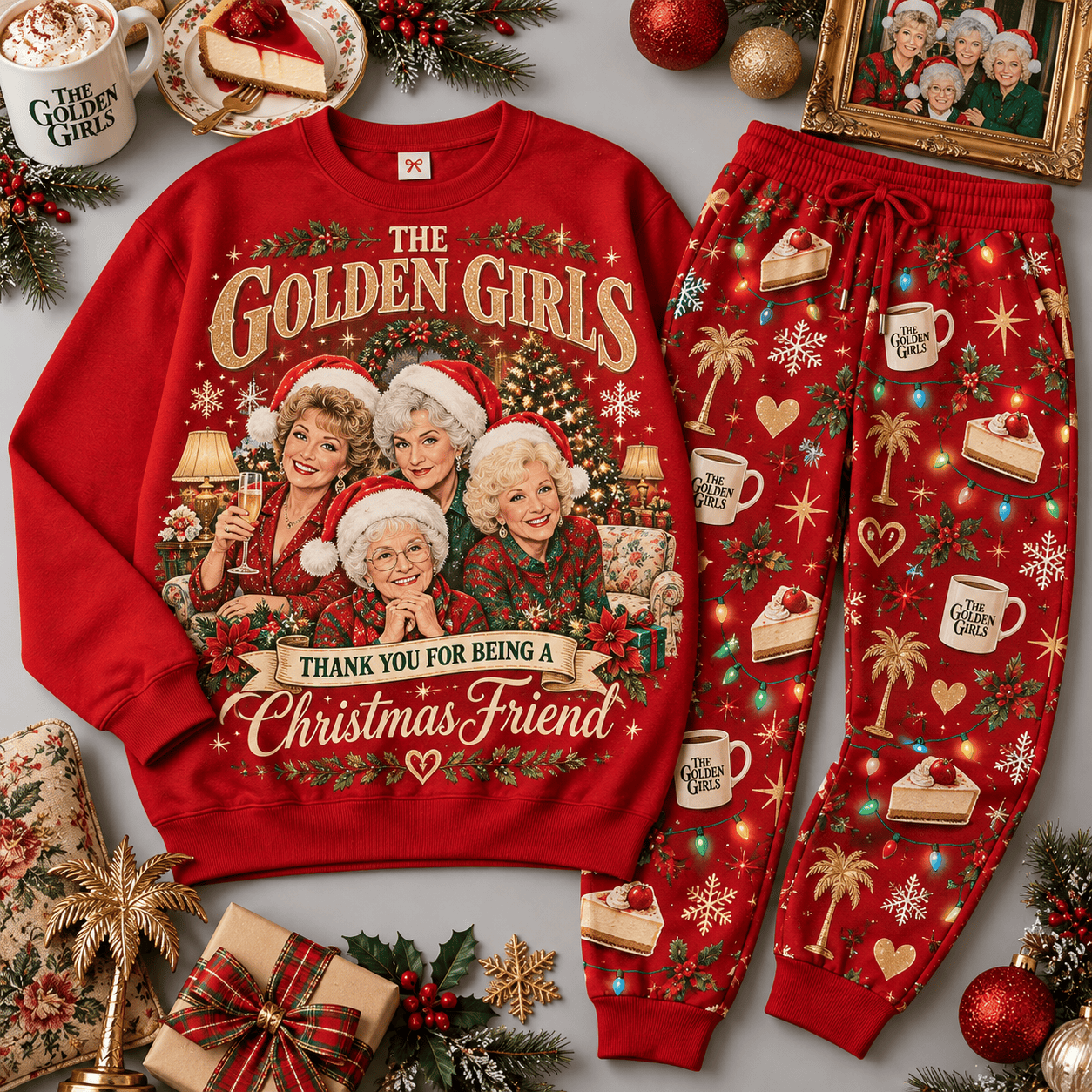 The Golden Girls Merry Christmas Friend Portrait Sweater Jogger Set for Sitcom Fans NDN Red Flat
