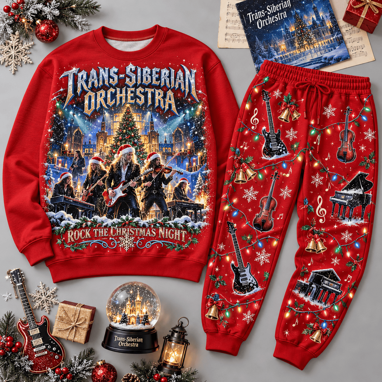 Trans Siberian Orchestra Rock the Christmas Night Sweater Jogger Set for Holiday Music Fans NDN Red Flat