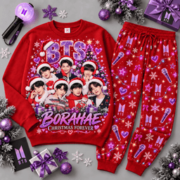 BTS Borahae Christmas Tonight Purple Portrait Sweater Jogger Set for K Pop Fans NDN Red Flat