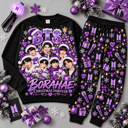 BTS Borahae Christmas Tonight Purple Portrait Sweater Jogger Set for K Pop Fans NDN Black Flat