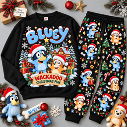 Bluey Wackadoo Christmas Fun Character Sweater Jogger Set for Animated Family Show Fans NDN Black Flat