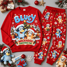 Bluey Wackadoo Christmas Fun Character Sweater Jogger Set for Animated Family Show Fans NDN Red Flat