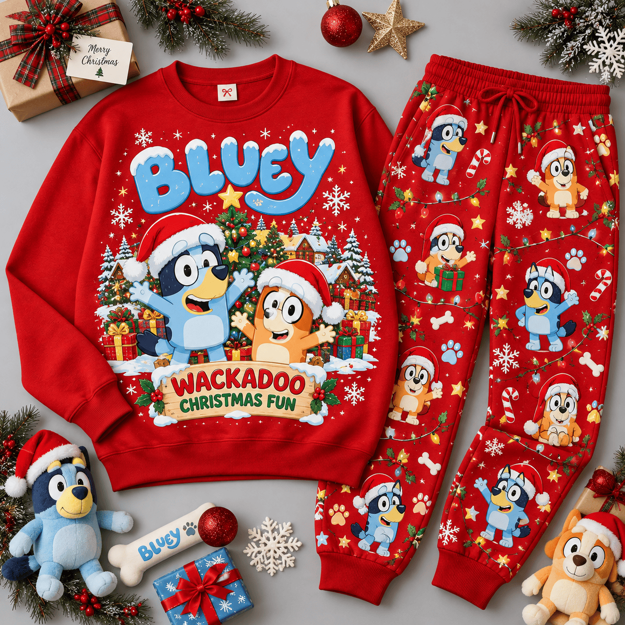 Bluey Wackadoo Christmas Fun Character Sweater Jogger Set for Animated Family Show Fans NDN Red Flat