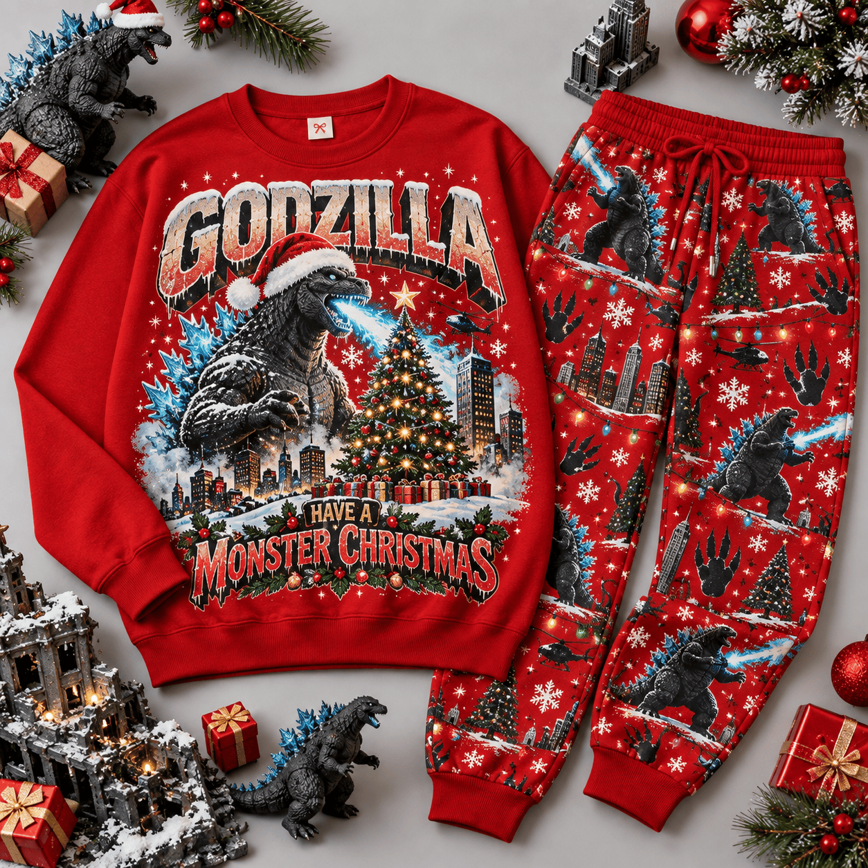 Godzilla Merry Kaiju Christmas Monster Sweater Jogger Set for Classic Movie Fans NDN Red Flat