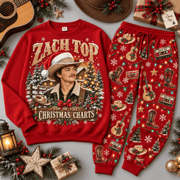 Zach Top Christmas Charts Cowboy Portrait Sweater Jogger Set for Country Music Fans NDN Red Flat