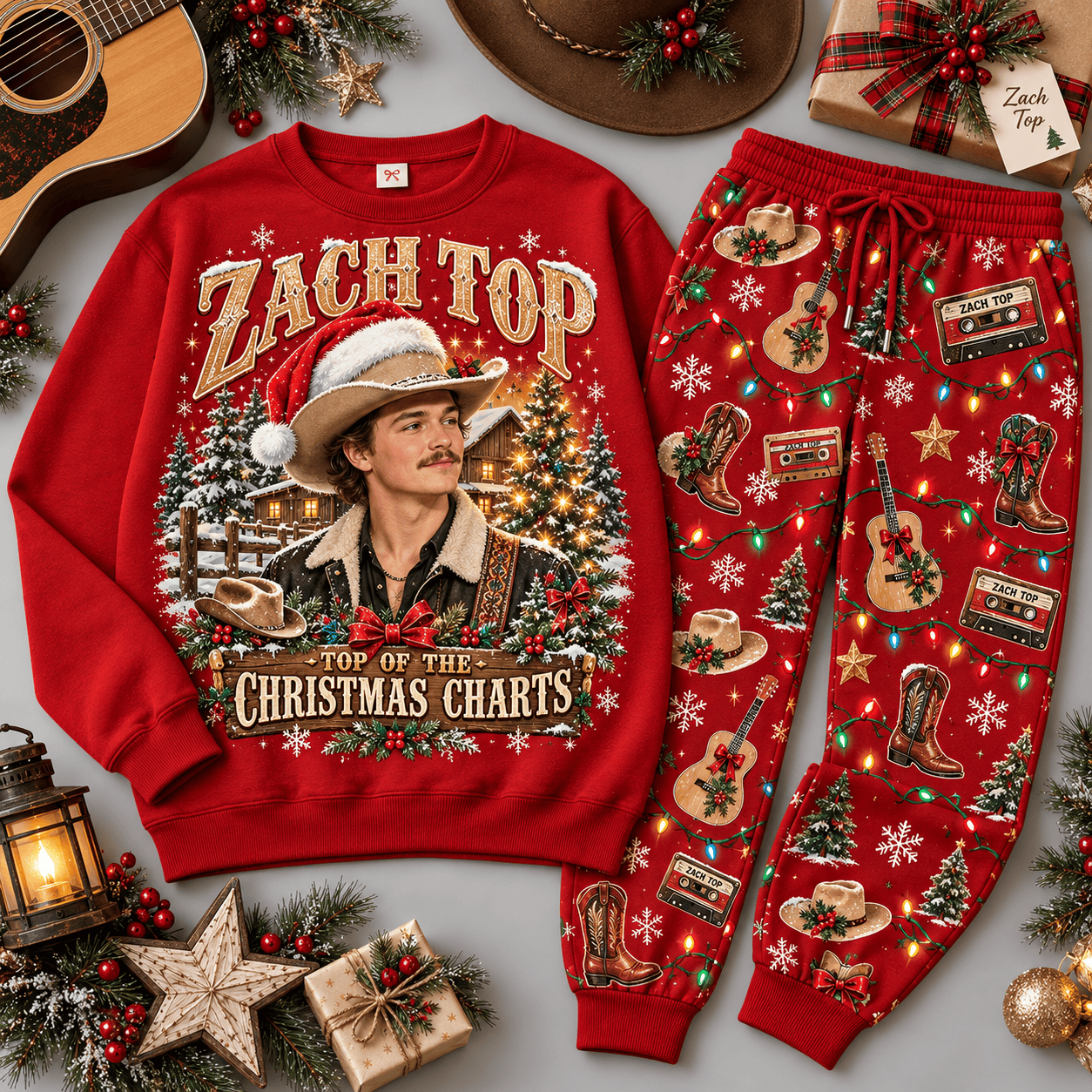 Zach Top Christmas Charts Cowboy Portrait Sweater Jogger Set for Country Music Fans NDN Red Flat