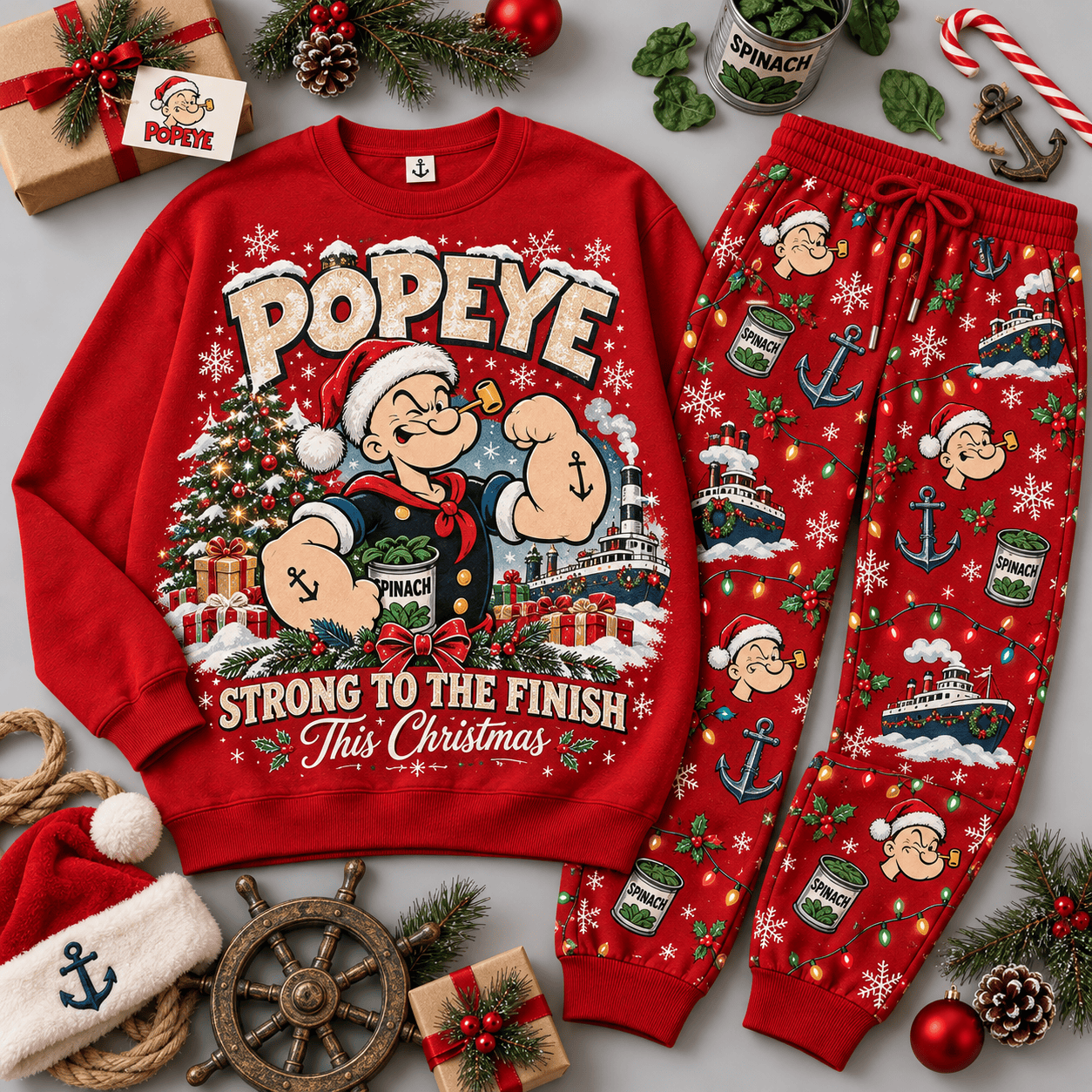 Popeye Strong to the Finish Christmas Sweater Jogger Set for Classic Cartoon Fans NDN Red Flat