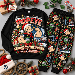Popeye Strong to the Finish Christmas Sweater Jogger Set for Classic Cartoon Fans NDN Black Flat