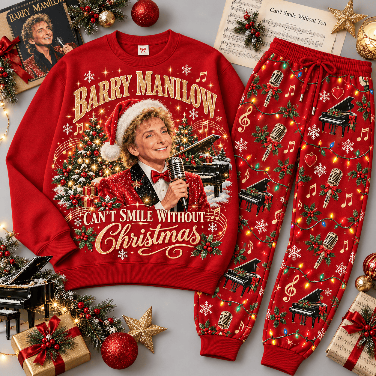 Barry Manilow Cant Smile Without Christmas Portrait Sweater Jogger Set for Pop Music Fans NDN Red Flat