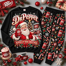 Dr Pepper Peppermint Christmas Santa Sweater Jogger Set for Vintage Soda Fans NDN Black Flat