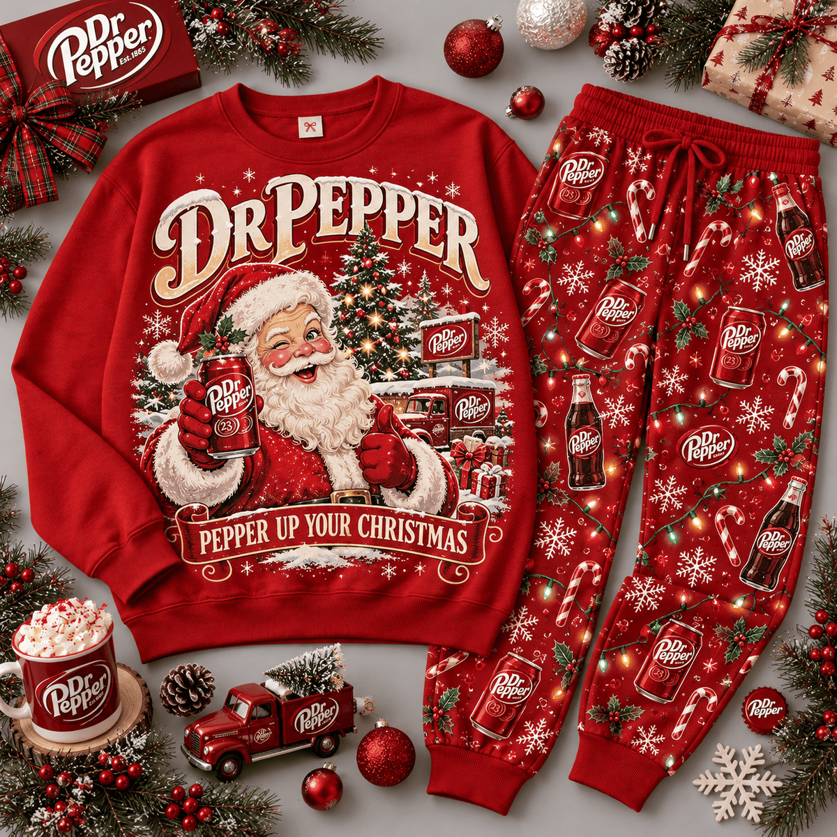 Dr Pepper Peppermint Christmas Santa Sweater Jogger Set for Vintage Soda Fans NDN Red Flat