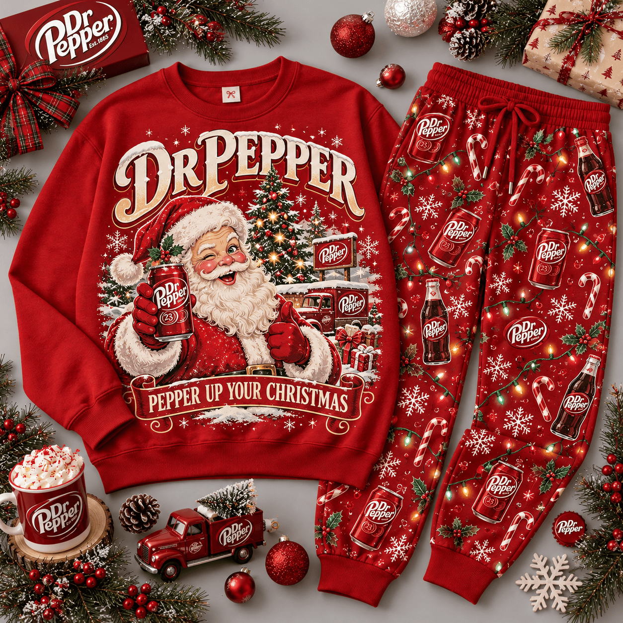 Dr Pepper Peppermint Christmas Santa Sweater Jogger Set for Vintage Soda Fans NDN Red Flat