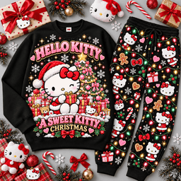 Hello Kitty Sweet Christmas Character Sweater Jogger Set for Cute Holiday Style Fans NDN Black Flat