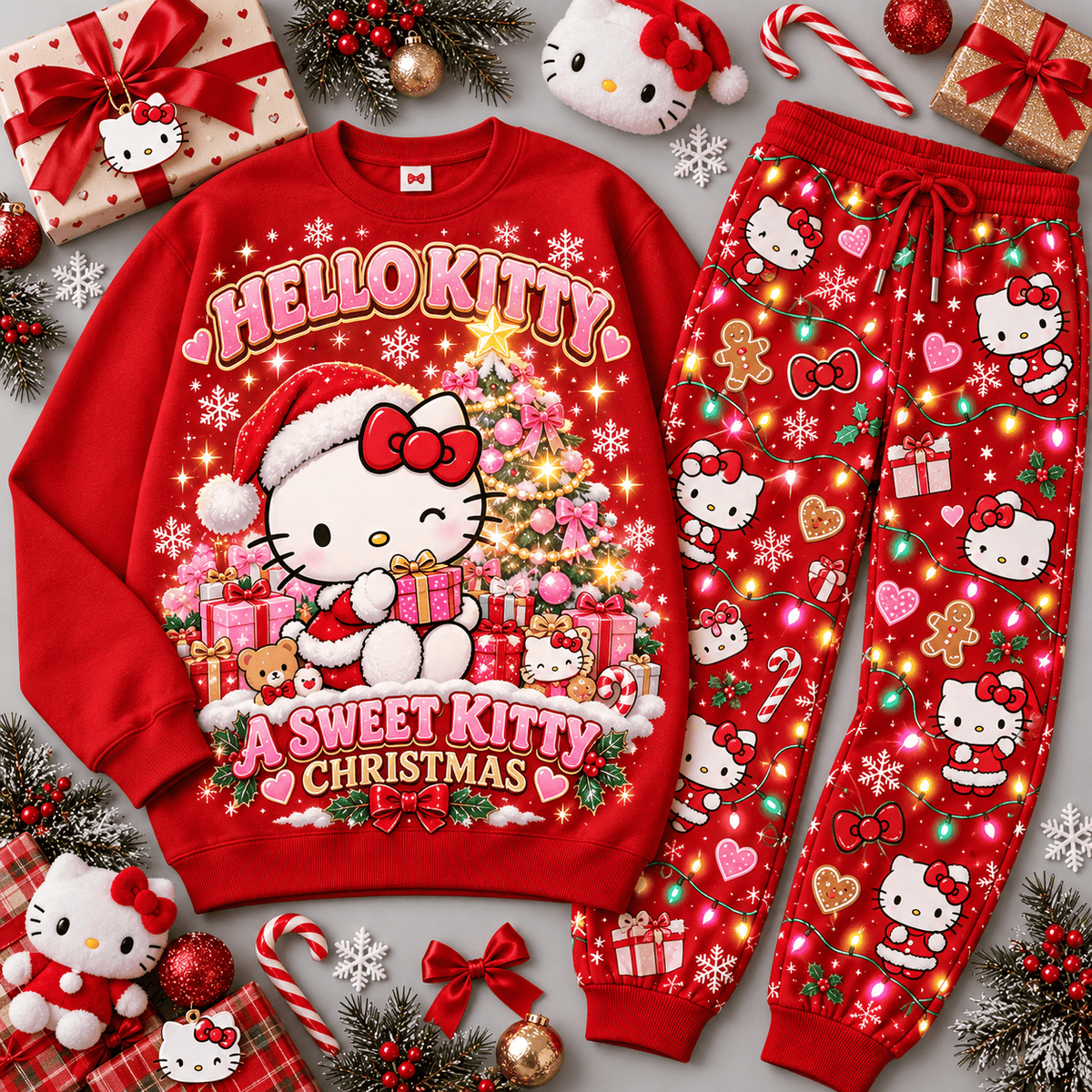 Hello Kitty Sweet Christmas Character Sweater Jogger Set for Cute Holiday Style Fans NDN Red Flat