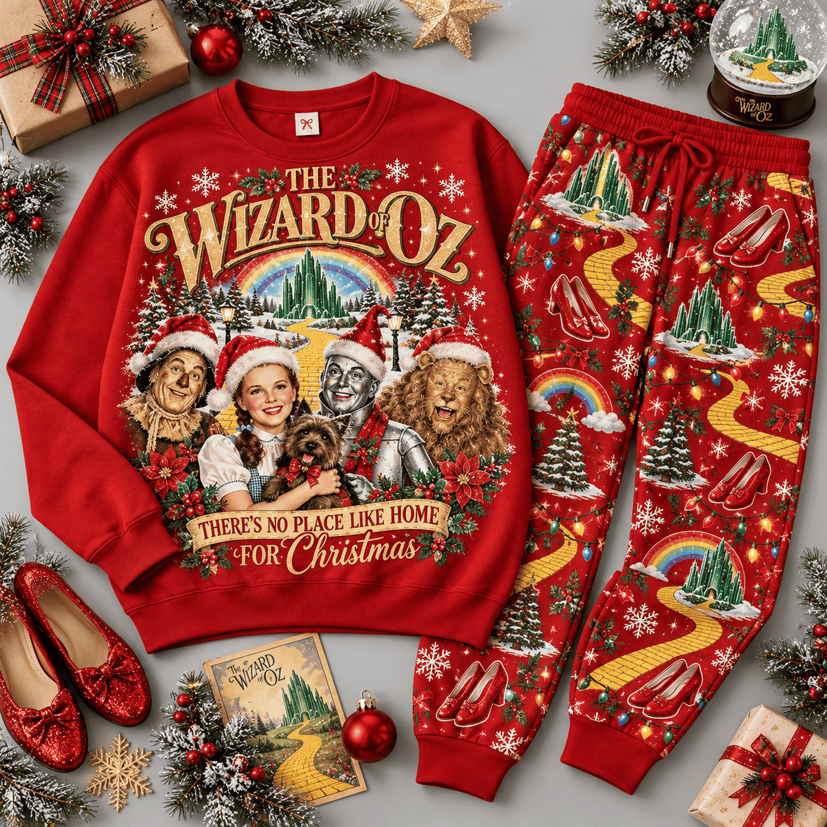 The Wizard of Oz No Place Like Home Christmas Sweater Jogger Set for Movie Fans NDN Red Flat