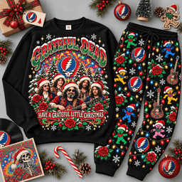 Grateful Dead Sugar Magnolia Christmas Skeleton Sweater Jogger Set for Jam Band Fans NDN Black Flat