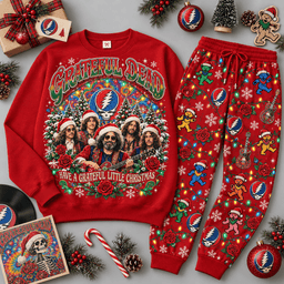 Grateful Dead Sugar Magnolia Christmas Skeleton Sweater Jogger Set for Jam Band Fans NDN Red Flat