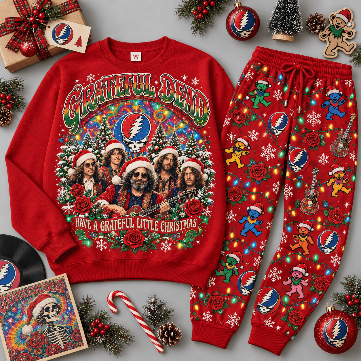 Grateful Dead Sugar Magnolia Christmas Skeleton Sweater Jogger Set for Jam Band Fans NDN Red Flat