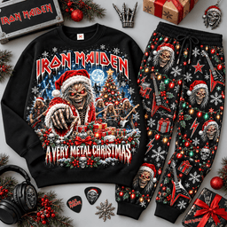 Iron Maiden Very Metal Christmas Eddie Sweater Jogger Set for Heavy Metal Fans NDN Black Flat