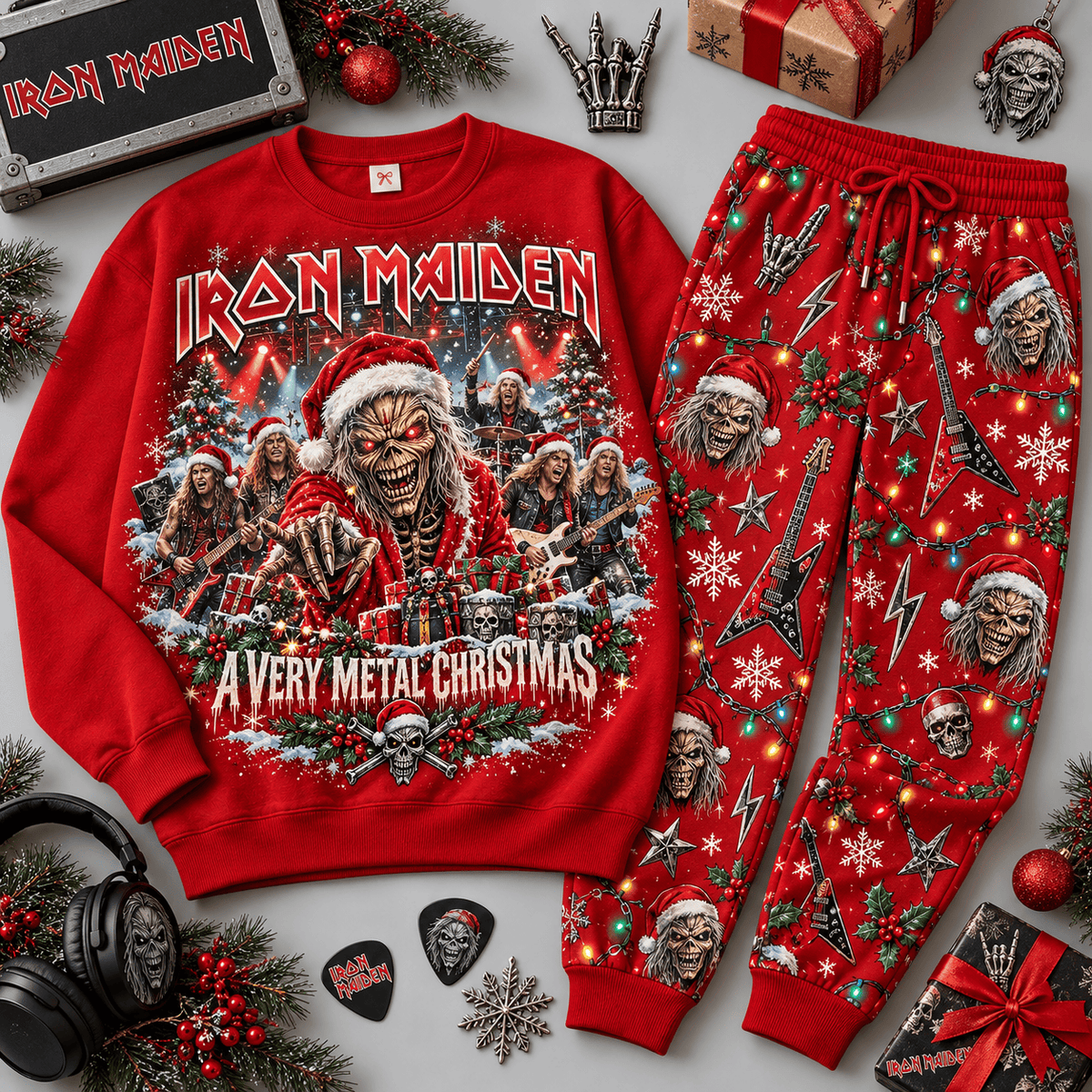 Iron Maiden Very Metal Christmas Eddie Sweater Jogger Set for Heavy Metal Fans NDN Red Flat