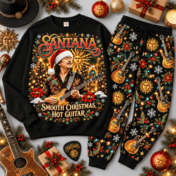 Santana Smooth Christmas Hot Guitar Portrait Sweater Jogger Set for Latin Rock Fans NDN Black Flat