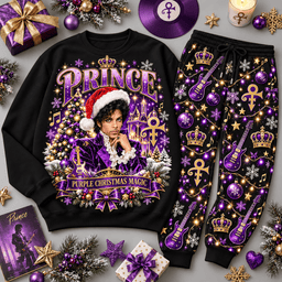 Prince Purple Christmas Magic Portrait Sweater Jogger Set for Funk Rock Music Fans NDN Black Flat