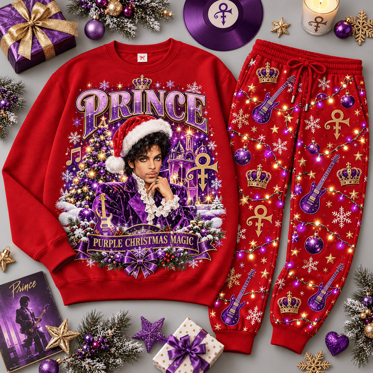 Prince Purple Christmas Magic Portrait Sweater Jogger Set for Funk Rock Music Fans NDN Red Flat