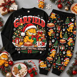 Garfield Eat Sleep Christmas Repeat Character Sweater Jogger Set for Comic Strip Fans NDN Black Flat