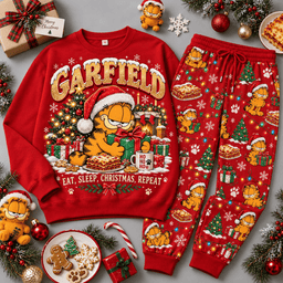 Garfield Eat Sleep Christmas Repeat Character Sweater Jogger Set for Comic Strip Fans NDN Red Flat