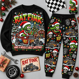 Rat Fink Rat Rod Christmas Character Sweater Jogger Set for Custom Car Fans NDN Black Flat