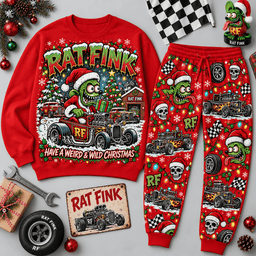 Rat Fink Rat Rod Christmas Character Sweater Jogger Set for Custom Car Fans NDN Red Flat
