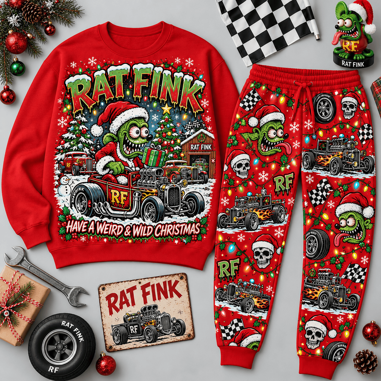 Rat Fink Rat Rod Christmas Character Sweater Jogger Set for Custom Car Fans NDN Red Flat