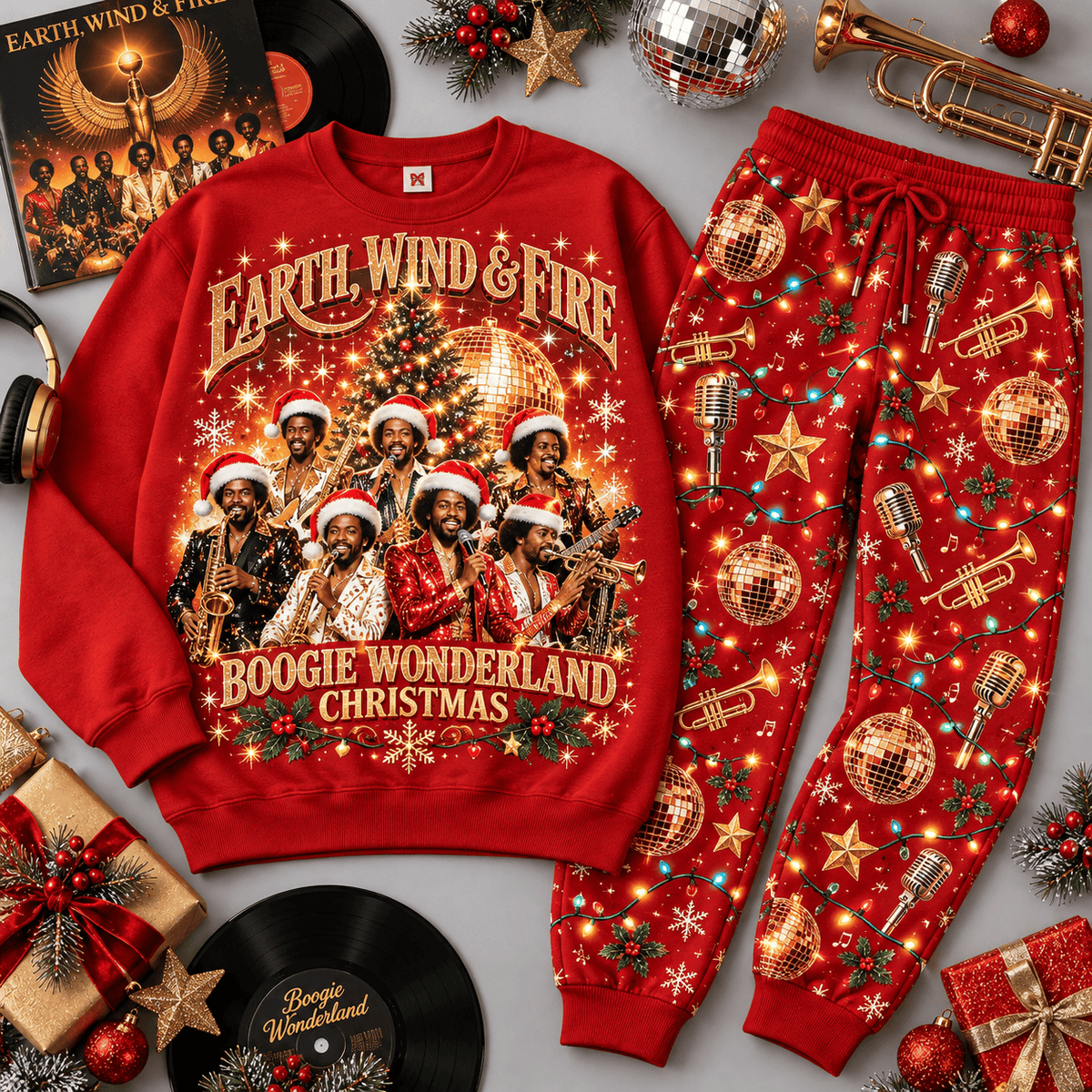Earth Wind and Fire Boogie Wonderland Christmas Sweater Jogger Set for Disco Fans NDN Red Flat