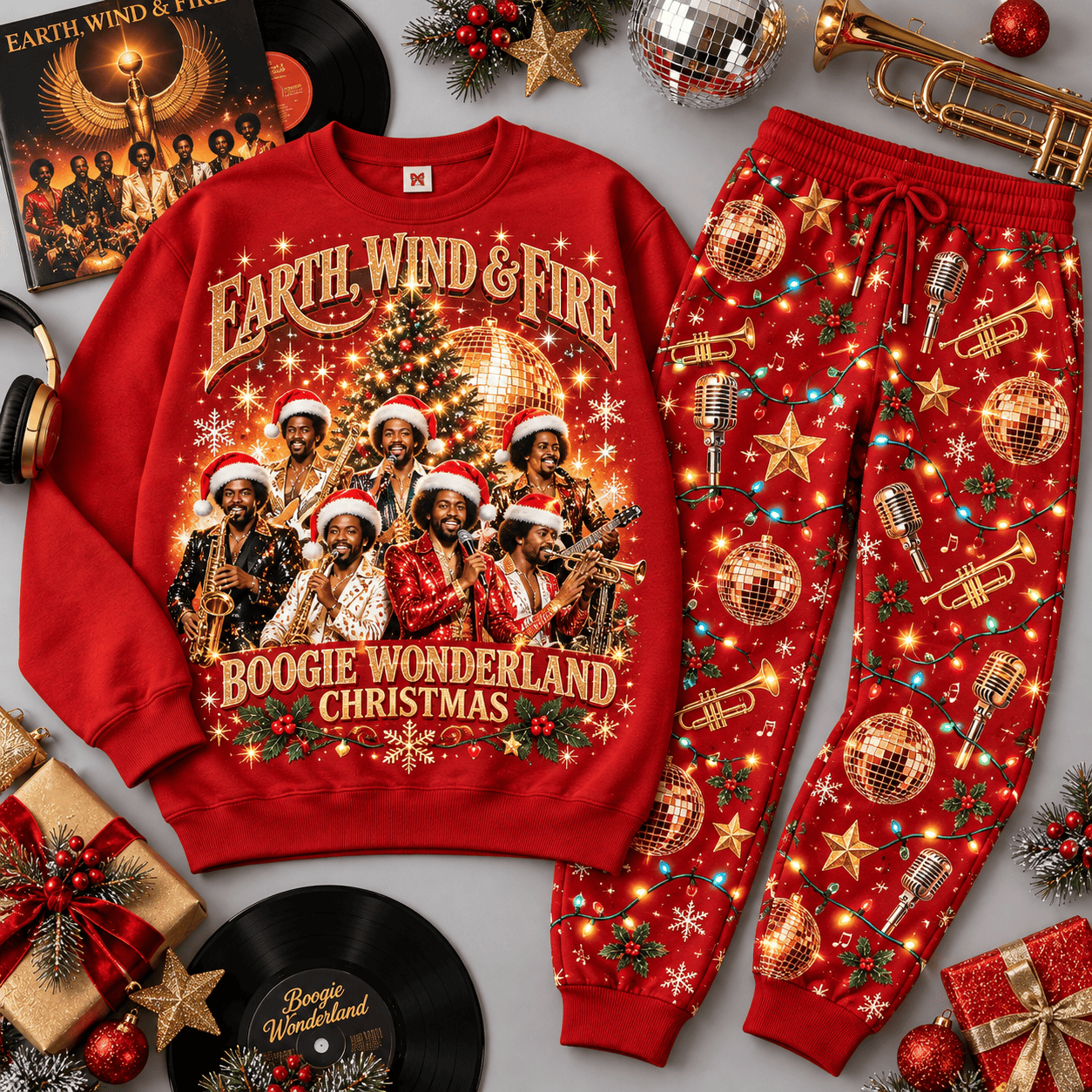 Earth Wind and Fire Boogie Wonderland Christmas Sweater Jogger Set for Disco Fans NDN Red Flat