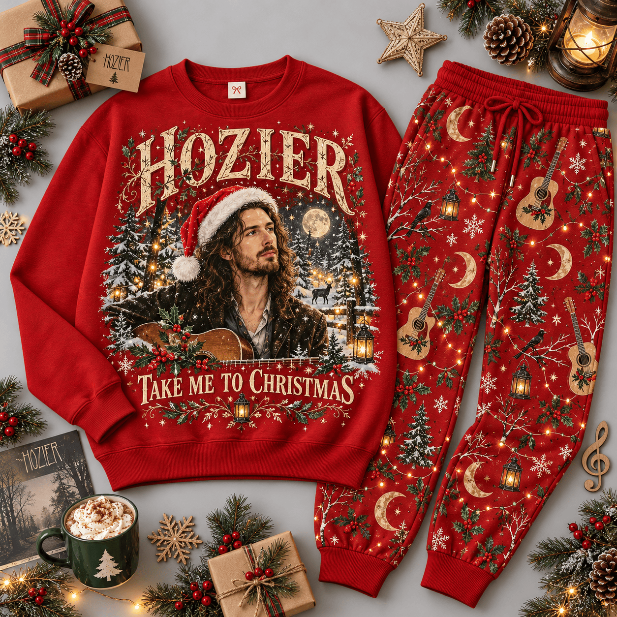 Hozier Take Me to Christmas Woodland Portrait Sweater Jogger Set for Indie Music Fans NDN Red Flat