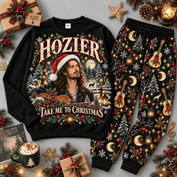 Hozier Take Me to Christmas Woodland Portrait Sweater Jogger Set for Indie Music Fans NDN Black Flat