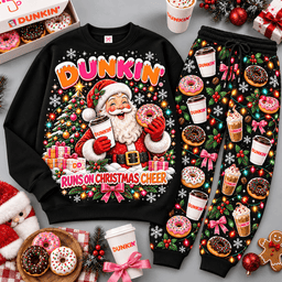 Dunkin Runs on Christmas Cheer Santa Sweater Jogger Set for Coffee and Donut Fans NDN Black Flat