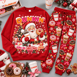 Dunkin Runs on Christmas Cheer Santa Sweater Jogger Set for Coffee and Donut Fans NDN Red Flat