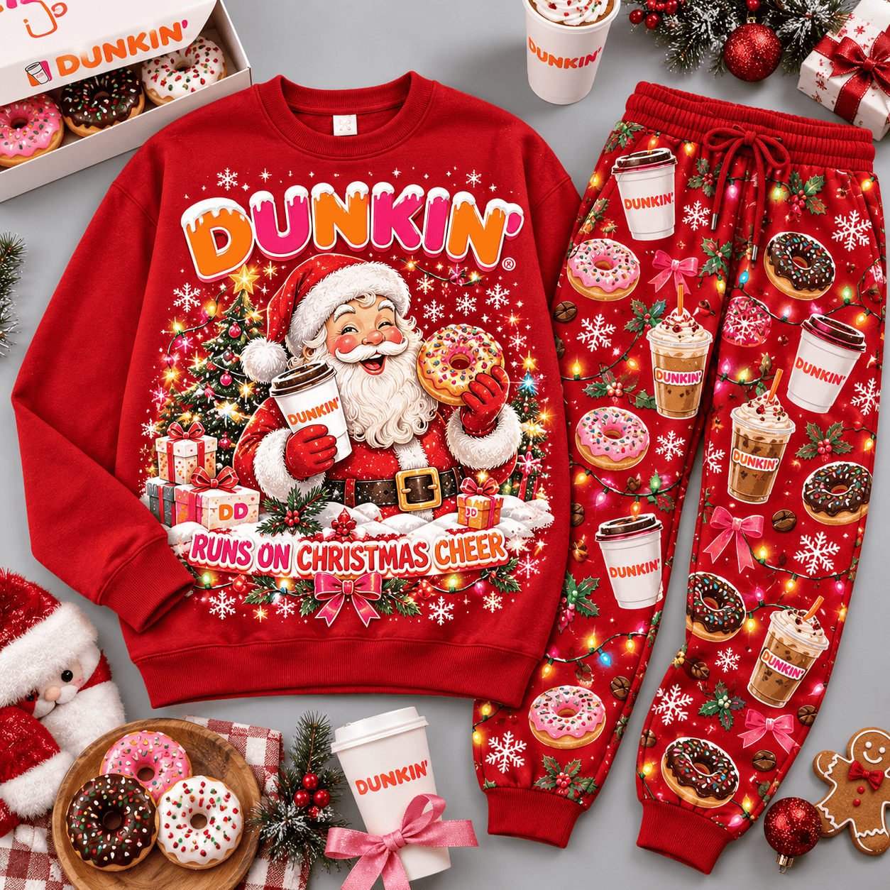Dunkin Runs on Christmas Cheer Santa Sweater Jogger Set for Coffee and Donut Fans NDN Red Flat