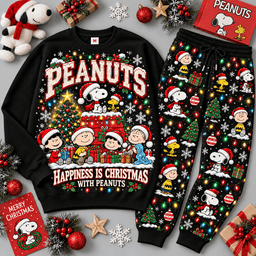 Peanuts Happiness Is Christmas Character Sweater Jogger Set for Classic Comic Strip Fans NDN Black Flat