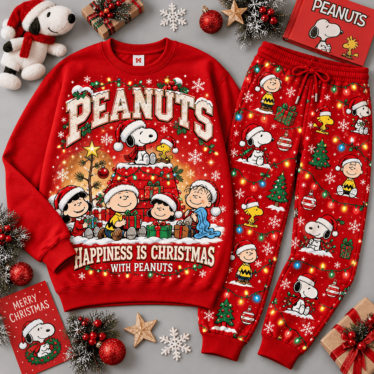 Peanuts Happiness Is Christmas Character Sweater Jogger Set for Classic Comic Strip Fans NDN Red Flat